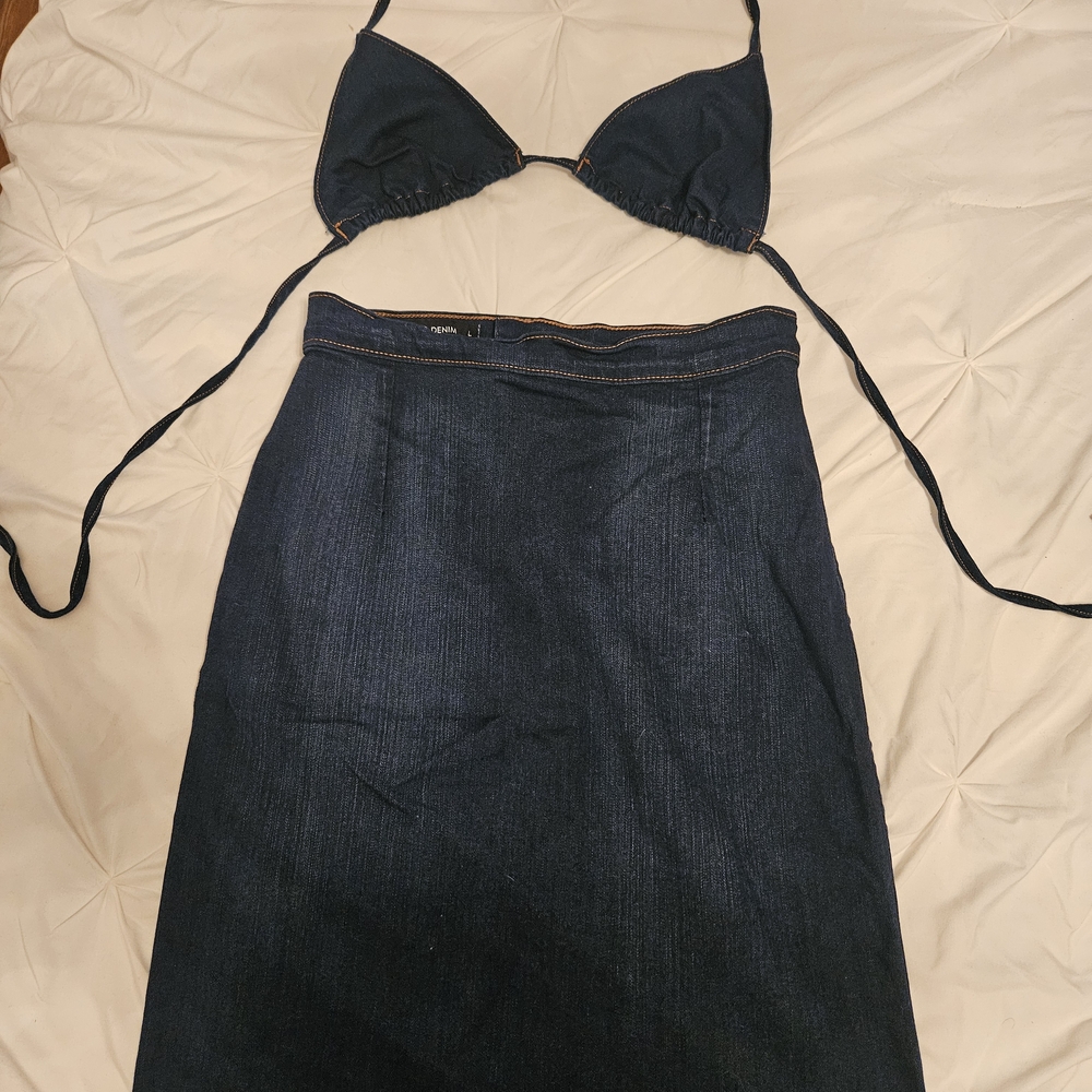 Denim Blue Skirt And Bikini Top Set